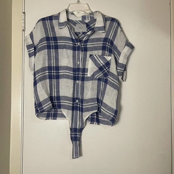 RAILS amelie lapis short sleeve blue plaid linen blend top size medium - Picture 1 of 4